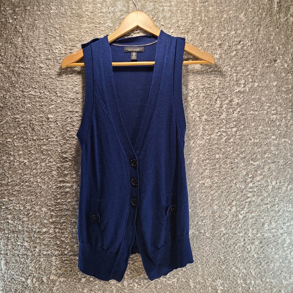 Banana Republic Blue Extra Fine Merino Wool Long Vest Pockets Sz XS
